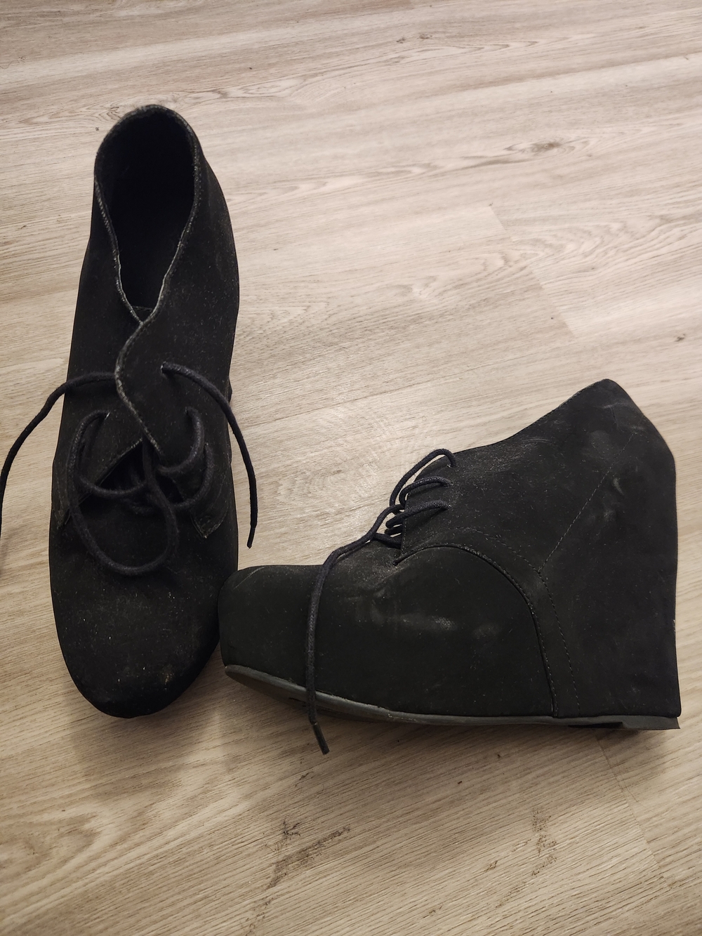 Women's Black Suede Lace-Up Wedge Booties